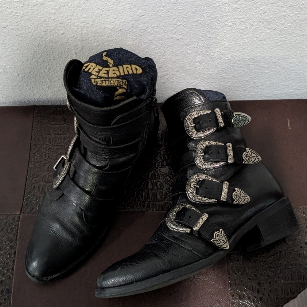 Freebird by Steven Black Leather Buckle Ankle Boots - Picture 14 of 15
